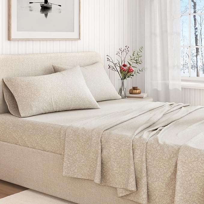 Great Bay Home Flannel Sheet Set Twin Size - 100% Turkish Cotton, Double-Brushed, Winter Floral Bed Sheets - Ultra-Soft, Cozy, 3-Piece Bedding Set (Frosty Petals)
