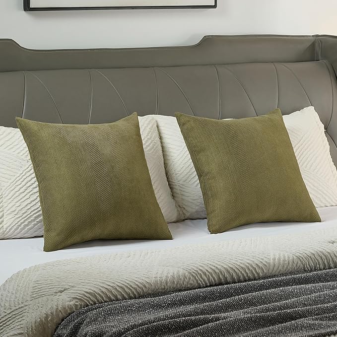 FUTEI Olive Green Chenille Throw Pillow Covers 18x18 Inch Set of 2,Soft Wide Chevron Textured Cushion Case,Farmhouse Home Decor for Couch Living Room