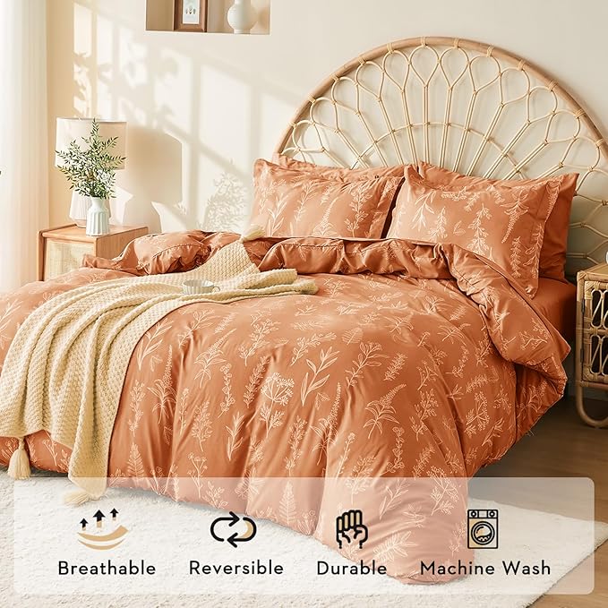 MUXHOMO Burnt Orange Full Comforter Set, Elegant Floral Print Bed in a Bag 7 Pieces, Ultra Soft & Breathable Reversible Botanical Pattern Bedding Set with Comforter, Sheets, Pillowcases, and Shams