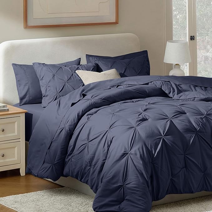 Nestl 7 Piece Comforter Set - Pinch Pleated Bedding, All Season Full Size Bed Set with Sheets, Comforter, Pillowcases and Shams in Navy