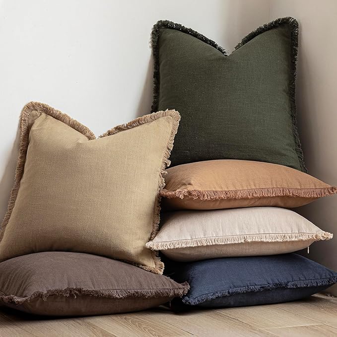 Foindtower Set of 2 Decorative Linen Fringe Throw Pillow Covers Farmhouse Cushion Cover with Tassels Lumbar Accent Pillowcase for Bed Couch Living Room Home Bedroom Decor,12×24 Inch,Light Khaki Taupe
