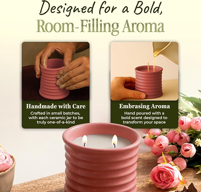 Scented Luxury Candles in Handmade Ceramic Jars, Soy Wax | Canal Rose – Rose Bud & Oud Scented, Large Candle | Non Toxic, 2 Wicks, Reusable Big Pink Jar | Natural Spring Aromatherapy for Women & Men