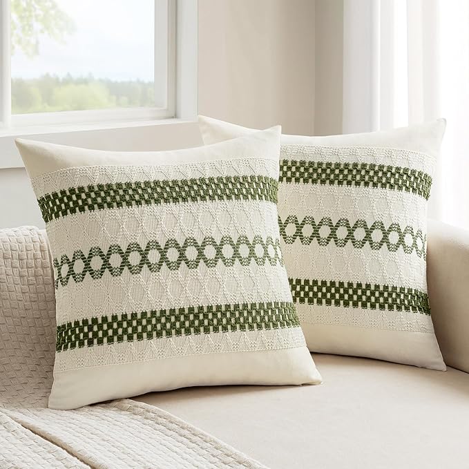 MIULEE Set of 2 Moss Green Boho Decorative Pillow Covers 18x18 Inch Farmhouse Rustic Couch Throw Pillows Modern Summer Cotton Cushion Covers Retro Cute Macrame Woven Home Decor for Bed Sofa Chair