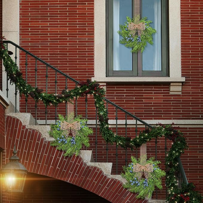 8 Pcs Small Vintage Christmas Cabinet Wreath Artificial Blue Berry Mini Kitchen Wreaths with Retro Burlap Ribbon for Farmhouse Rustic Home Front Door Window Wedding Chair Wall
