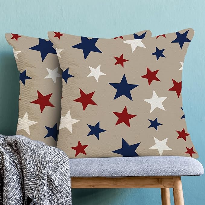 4th of July Pillow Covers 18 x 18 Inch, Red Blue White Patriotic Star Decor Throw Pillows for Couch, Vintage American Flag Independence Day Decorative Pillowcase Linen Cushion Cover Set of 2
