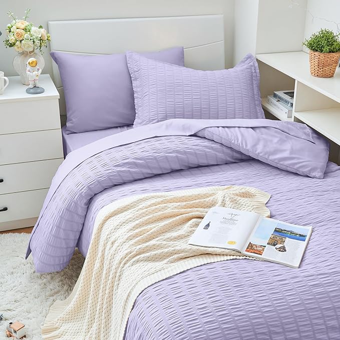 HYMOKEGE Light Purple Twin XL Comforter Set Seersucker 5 Pieces, All Season Luxury Bed in a Bag for Bedroom, Bedding Set with Comforter, Sheets, Pillowcase & Sham