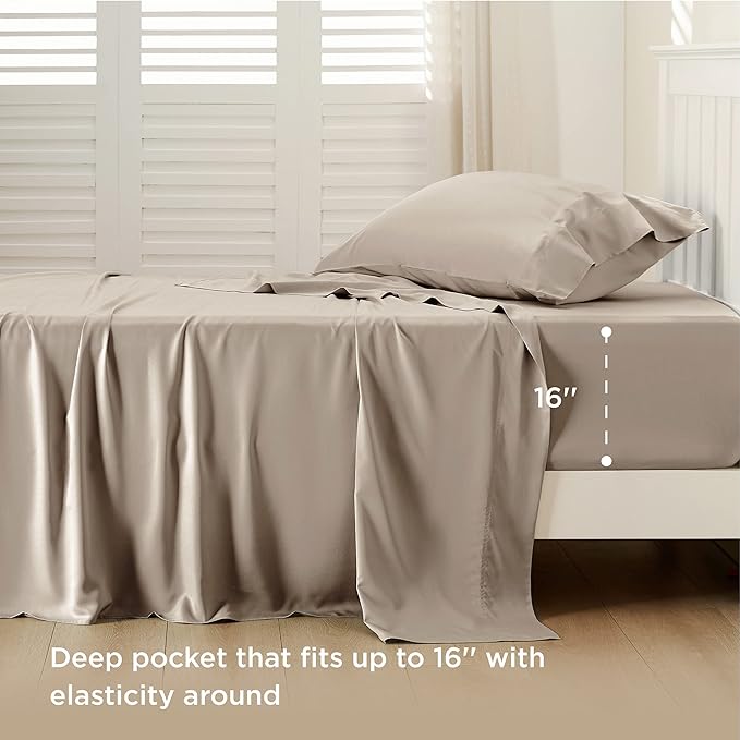 Bedsure Cooling Sheets Twin XL, Rayon Derived from Bamboo, Breathable & Soft Twin XL Sheet Sets, Deep Pocket Up to 16 Inches, Hotel Luxury Silky Dorm Bedding for Hot Sleepers, Simply Taupe