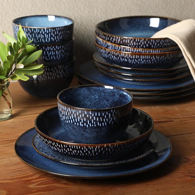Gibson Elite Matisse 16 Piece Double Bowl Dinnerware Set, Cobalt Blue, Service for 4 (16pcs)