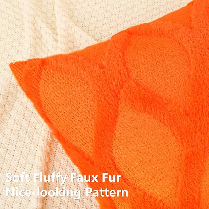 decorUhome Fall Throw Pillow Covers 22x22 Inch Set of 2, Soft Plush Faux Fur Wool Orange Couch Pillow Covers, Decorative Neutral Pillow Cases for Bed Sofa Living Room Home Decor