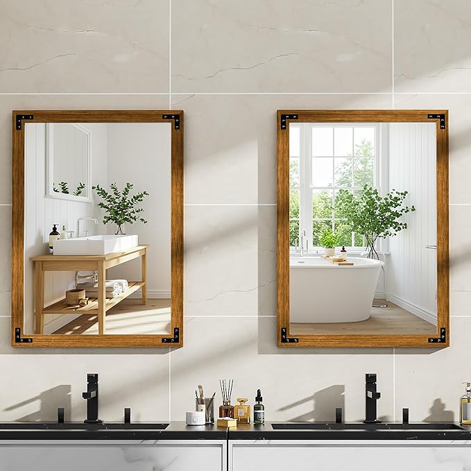 Hasipu Farmhouse Bathroom Mirror, 22"x30" Rustic Wood Framed Wall Mounted Mirror, Walnut Vintage Vanity Mirror Modern Farmhouse Style Decrative Mirrors