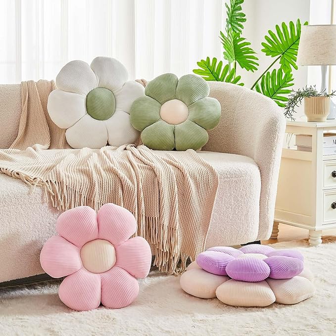 Sage Green Flower Pillow, 19.6" Cute Flower Shaped Floor Pillow, Aesthetic Floral Plush Daisy Decorative Throw Pillows for Bed Sofa Couch