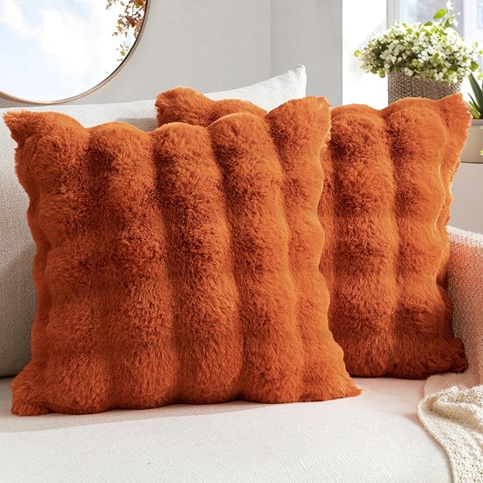 MIULEE Pack of 2 Decorative Pillow Covers Fall Thick Soft Plush Faux Fur Throw Pillows Luxury Home Decor for Couch Bedroom Living Room Sofa,20x20 Inch Rust