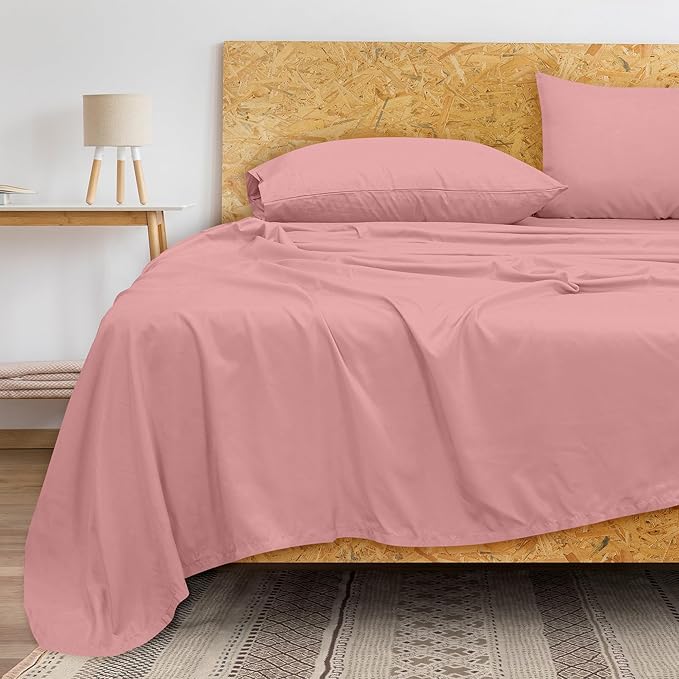 Royale Linens 300 Thread Count 100% Long Staple Combed Cotton Flat Sheet - Super Soft - Top Sheets - Full Flat Sheet Sold Separately - Breathable, Cool & Crisp Percale Sheets Only (Full, Pink)