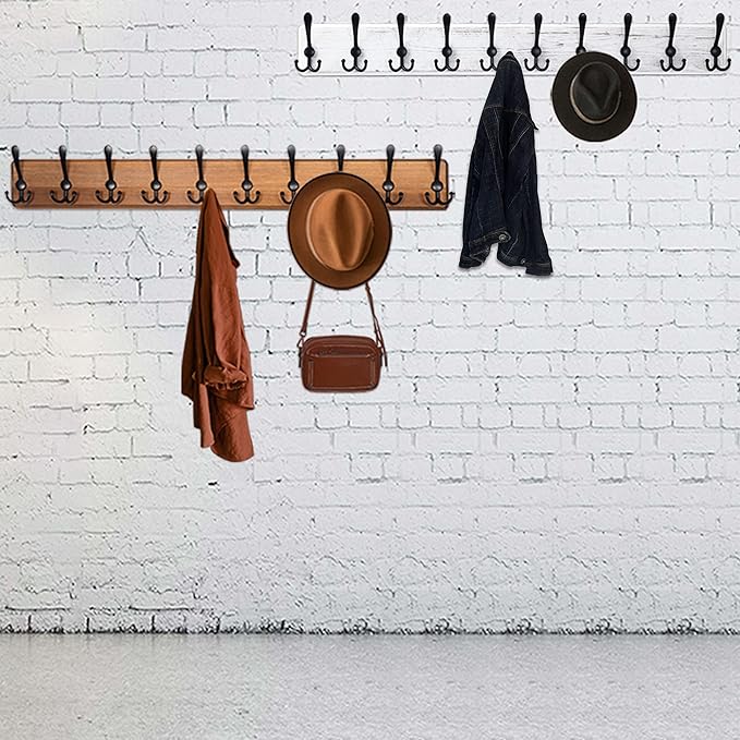 WEBI Coat Rack Wall Mount,38 9/16" Long,10 Hooks,Coat Hooks Wall Mounted,Coat Hanger Wall,Wood Hook Rack Rail,Triple Hooks for Hanging Coats,Clothes,Jacket,Brown