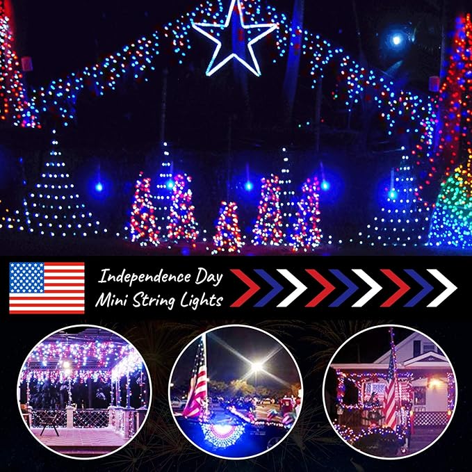 4th of July Decoration Patriotic Mini String Lights - 200 Count 50 Feet Red White Blue Christmas Lights Green Wire Waterproof for Indoor Outdoor Xmas Holiday Party Patio Independence Day Decoration