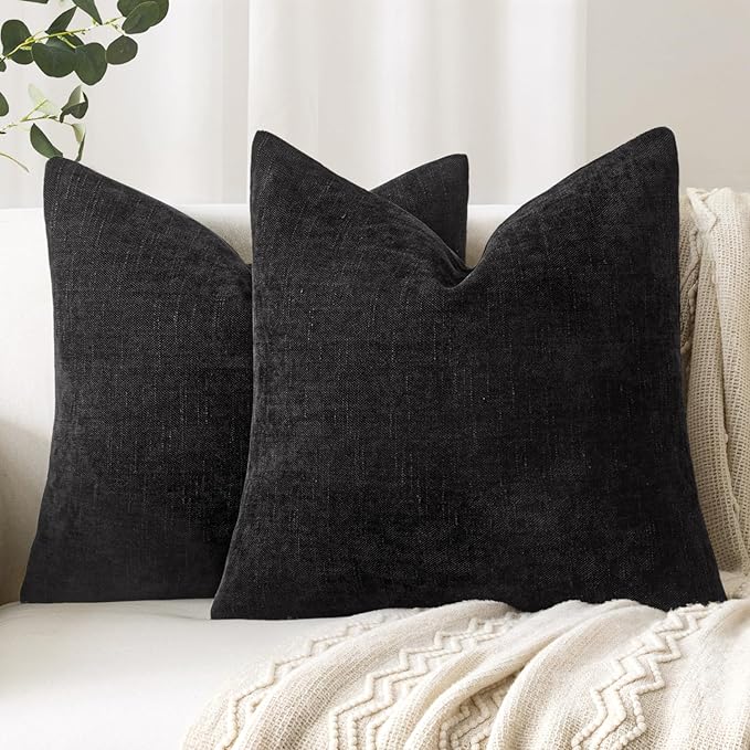 Woaboy Set of 2 Textured Throw Pillow Covers Decorative Soft Accent Square Chenille Pillowcases Neutral Farmhouse Cushions Modern Home Decor for Couch Sofa Bedroom Living Room 22x22 Inch,Black