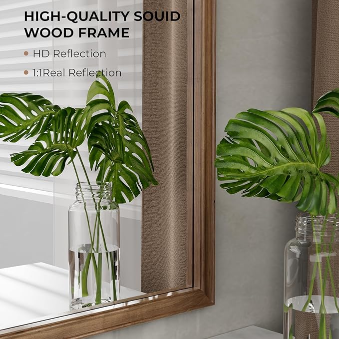 WallBeyond 30" x 40" Wood Bathroom Mirror for Wall Mounted, Rustic Rounded Corner Vanity Mirror for Entryway, Living Room or Bedroom Home Decorative [30" x 40" Walnut]
