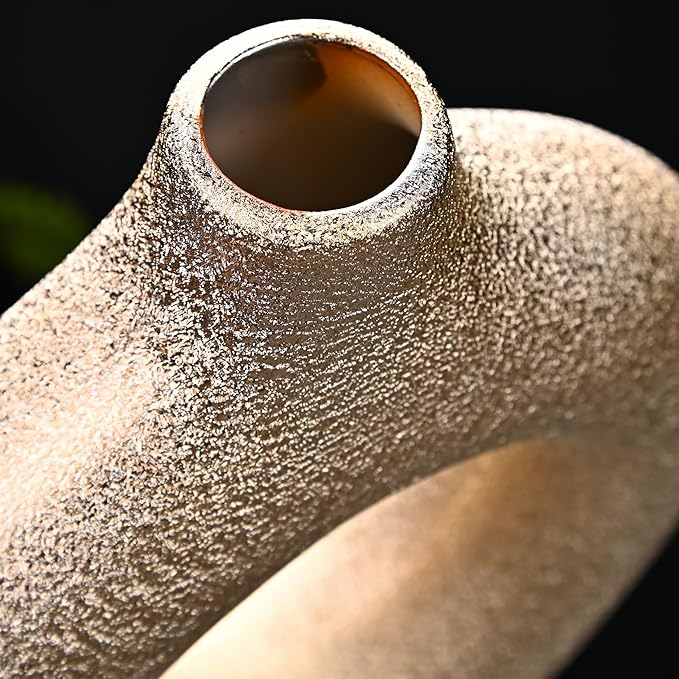 Set of 2 Donut Hollow Ceramic Vase Handmade Minimalist Boho ins Style, Modern Vase for Home Decor for Wedding Dinner Table Party Living Room Office Bedroom (Gold, Extra Large + Large)