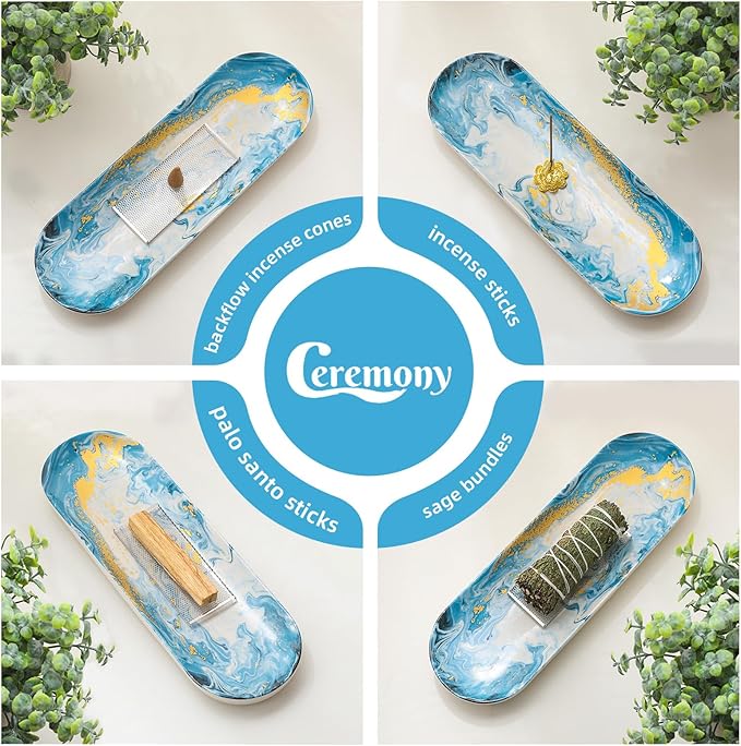 CEREMONY Incense Holder for Sticks, Ceramic Incense Burner with 60 Incense Sticks for Sage Palo Santo, Heat-Resistant Insence-Stick Holder for Backflow Incense Cones Meditation Yoga Spa Room Decor