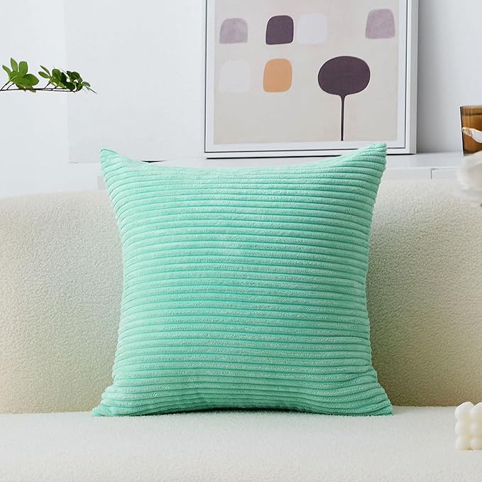 Home Brilliant Aqua Spring Pillow Covers Soft Plush Corduroy Striped Throw Pillow Cases for Sofa Couch Bed Decor, 18 x 18 Inch (45x45), Aqua Blue