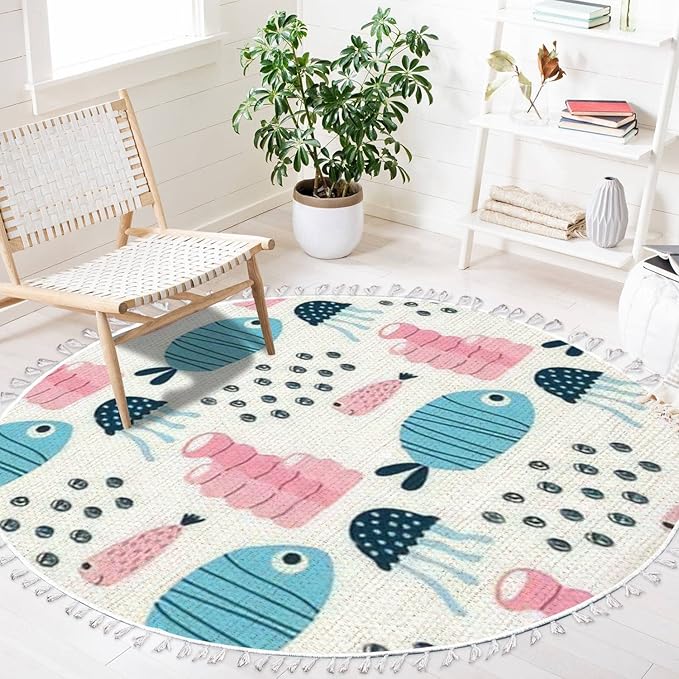 Ocean Beach Area Rugs Funny Fish Scandinavian Marine Animal Theme Round Boho Area Rug Linen Carpet Playmat Washable Hallway Runner Mat for Nursery Kid Room Bedroom Decoration Children Gift 4ft