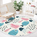 Ocean Beach Area Rugs Funny Fish Scandinavian Marine Animal Theme Round Boho Area Rug Linen Carpet Playmat Washable Hallway Runner Mat for Nursery Kid Room Bedroom Decoration Children Gift 4ft