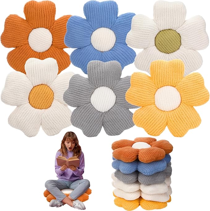 6 Pcs Flower Shaped Pillows Daisy Floor Throw Pillows 15 Inch Flower Seat Cushion for Reading Sofa Couch Bed Decor for Christmas Back to School Classroom(Light Color)