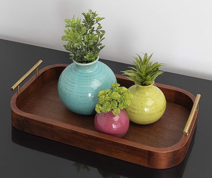 Kate and Laurel Lipton Mid-Century Rectangle Wood Tray, 10" x 18, Walnut Brown and Gold, Decorative Accent with Rounded Edges