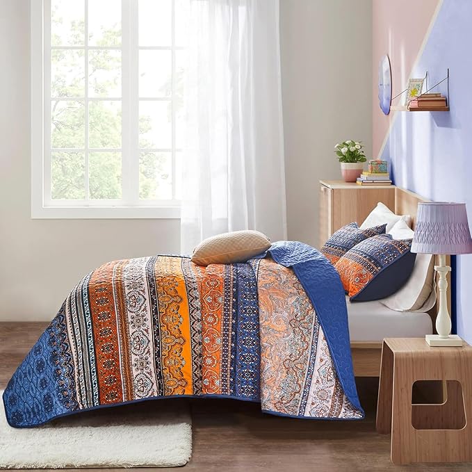 WONGS BEDDING Boho Quilt Set California King, Blue and Orange Bohemian Queen Summer Quilt Bedding Set, Lightweight Microfiber Bed Decor Bedspread for All Season 106"x96"(3 Pieces)