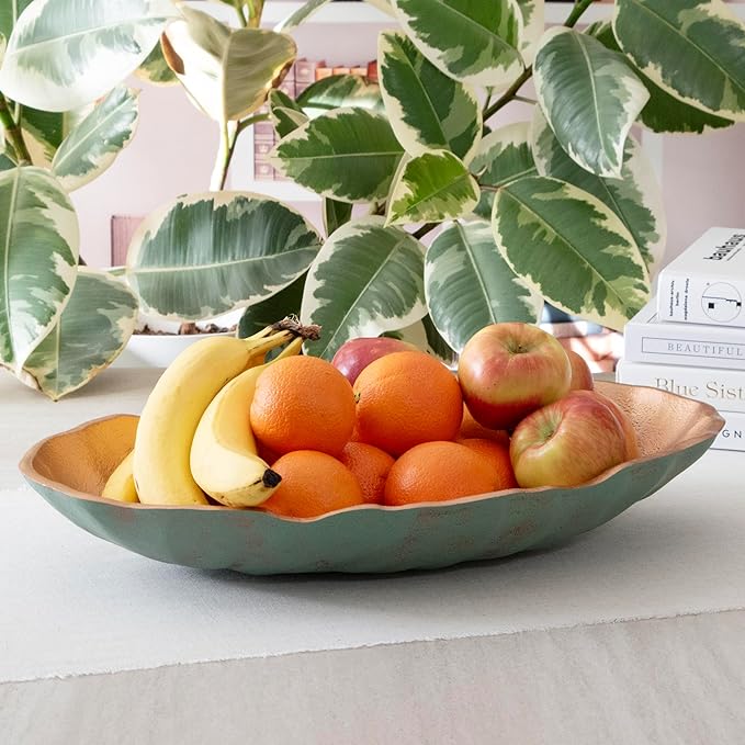 ANDALUCA Set of 2 Turquoise Copper Finish Metal Decorative Oval Bowls for Potpourri, Table Decor