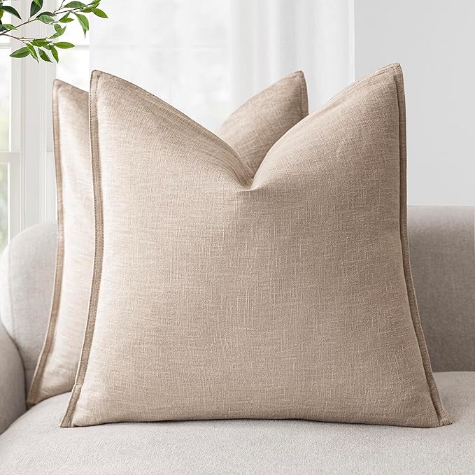 Foindtower Pack of 2, Decorative Linen Soild Throw Pillow Covers Soft Accent Cushion Case Farmhouse Neutral Pillowcase for Chair Couch Sofa Bedroom Living Room Home Decor 20 x 20 Inch Tan Beige
