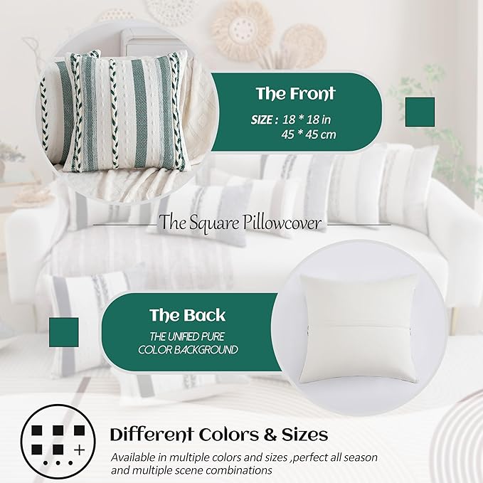 Boho Sage Green Striped Pillow Covers Set of 2-20x20 Inch Farmhouse Coastal Decorative Throw Pillows, Neutral Accent Textured Square Pillowcase for Couch Living Room, Bed, Chair Home Decor