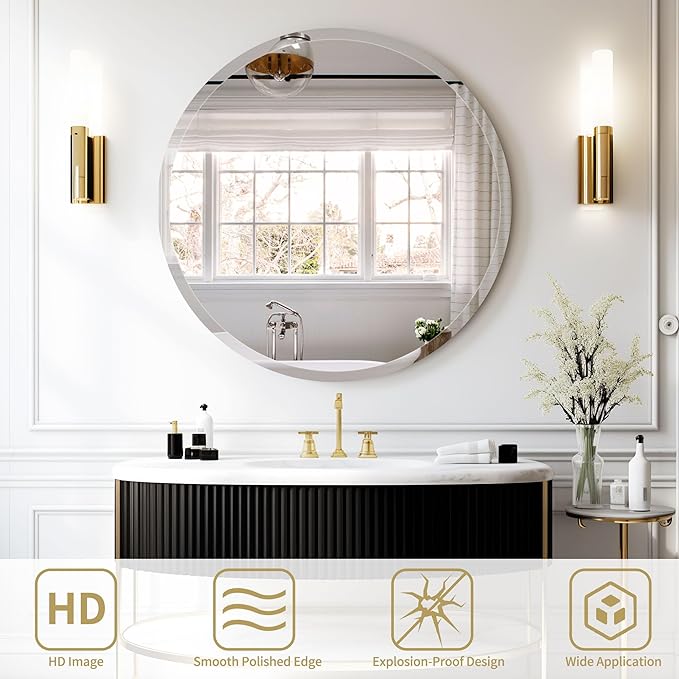 32" Frameless Beveled Round Mirror with 1" Edge for Bathroom, Entryways, Vanity, Wall Decor