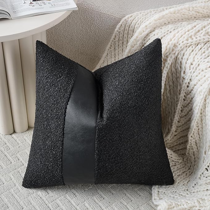 Pack of 2 Faux Leather Boucle Throw Pillow Covers 18"x18" Black Chic Accents Textured Square Decorative Pillow Cases for Living Room Couch Bed Farmhouse Boho Home Decor