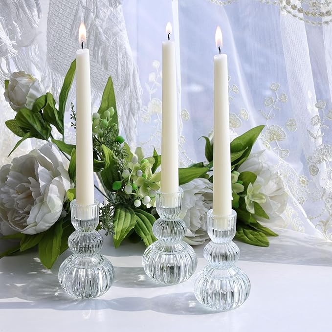Woho Clear Ribbed Candlestick Holders 4.3" H Set of 6 for Wedding Table Centerpiece, Glass Taper Candle Holders for Holiday Home Decor, Vintage Candle Sticks Holder Decor for Thanksgiving Christmas