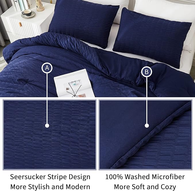 AveLom Seersucker Full Comforter Set (80x90 inches), 3 Pieces - 100% Soft Washed Microfiber Lightweight Comforter with 2 Pillowcases, All Season Down Alternative Comforter Set for Bedding, Navy