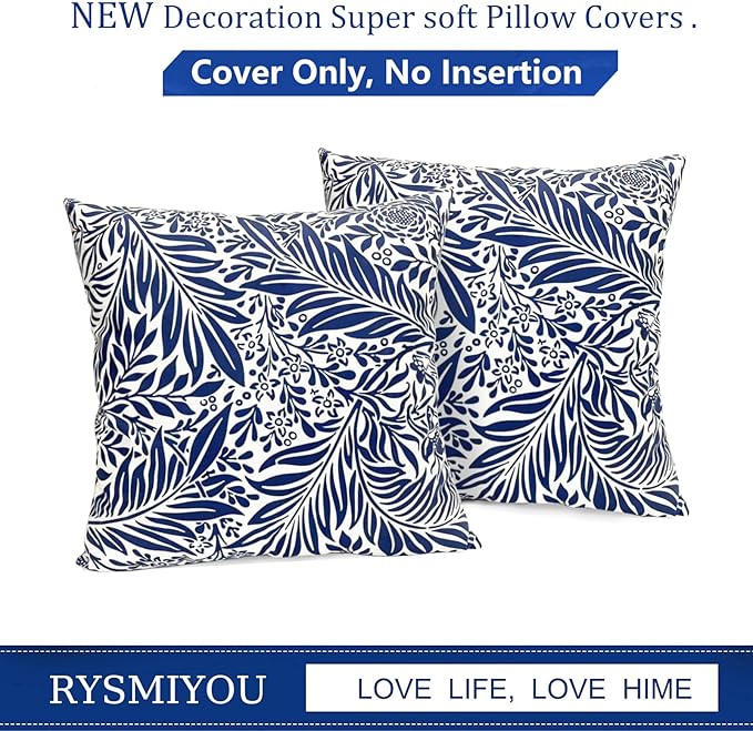 Decorative Throw Pillow Covers Set of 2 Blue Pillow Covers 20x20 inch Throw Pillow Cases Soft Short Plush Farmhouse Floral Outdoor Pillow Covers for Couch Sofa Bed Living Room Cushion Cover