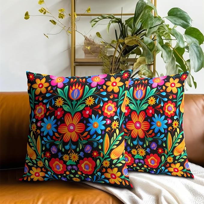 Mexican Flowers Throw Pillow Covers - Mexico Pillow Covers 20x20 Set of 2 Colorful Floral Pillowcase Botanical Blossom Cushion Case for Sofa Couch Outdoor Porch