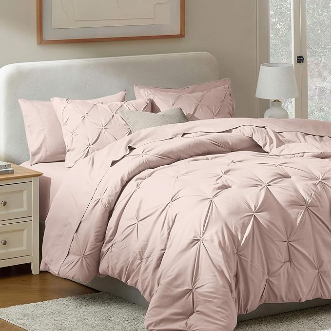 Nestl 7 Piece Comforter Set - Pinch Pleated Bedding Set in Blush Pink, All Season Full Size Bed Set With Sheets, Comforter, Pillowcases and Shams