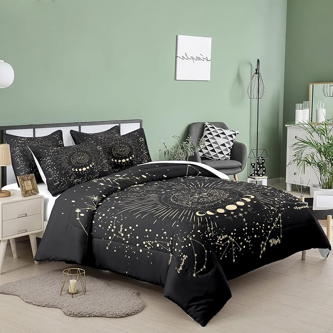 Tailor Shop Bohemian Sun and Moon Comforter Set for Adults Girls Kids Black Grey Luxury Constellation Comforter Decor Sun and Moon Galaxy Bedding Sets Queen Size Whit 1 Comforter 2 Pillowcases,07…
