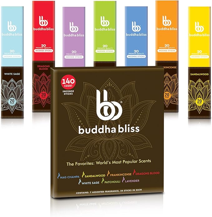 Mecka Buddha Bliss Incense Sticks - Set of 7 | 140 Sticks for Aromatherapy & Relaxation - Nag Champa, Frankincense, Sandalwood, White Sage Inscent | Natural Non Toxic Premium Long Burn Insenses