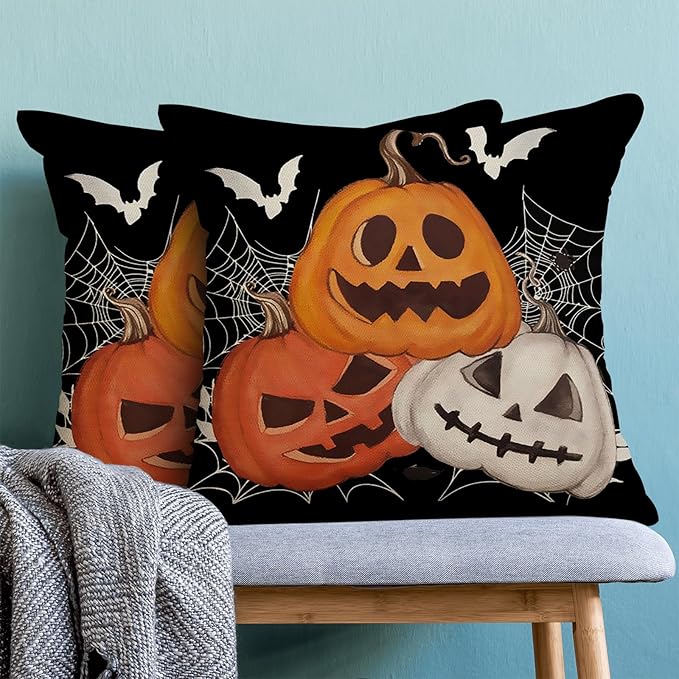 Halloween Pillow Covers 18 x 18 Inch, Burnt Orange Yellow Grey Pumpkin Decor Throw Pillows for Home Couch Bed, Black Cream Spider Web Bat Fall Decorative Pillowcase Linen Cushion Cover Set of 2