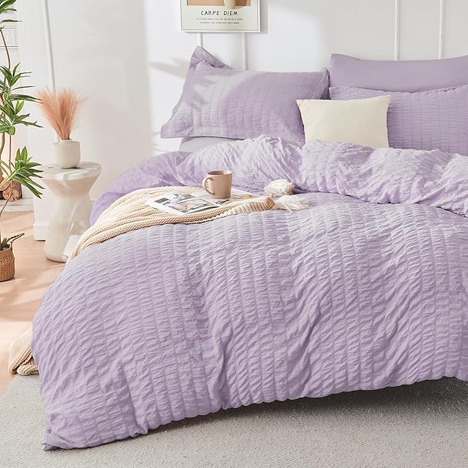 HYMOKEGE Lavender Queen Comforter Set Seersucker 7 Pieces, All Season Luxury Bed in a Bag for Bedroom, Bedding Set with Comforters, Sheets, Pillowcases & Shams