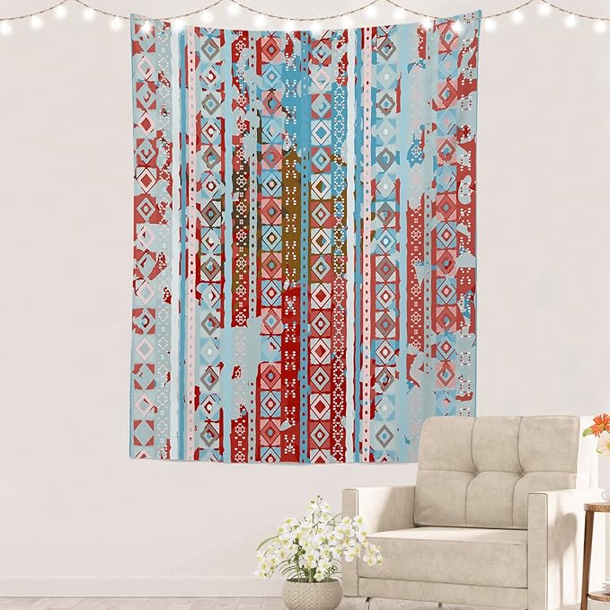 Batmerry Blue Grey Boho Garbage Tapestry, Red Wall Art Hanging Decoration Polyester Fiber White Ruffled Around for Dorm Room Bedroom Living Room, 82.7x59.1 inches