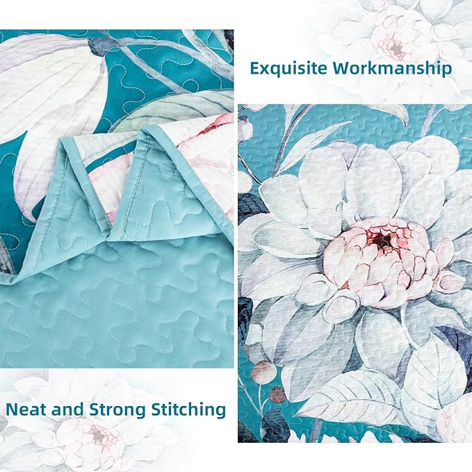 Drucon Floral Quilt King Size - 3 Pieces Aqua Blue Quilt Botanical Bedspread Soft Lightweight Flower Bedding Set for All Season (104"x90")