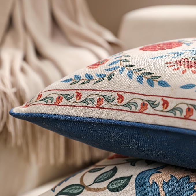 patdrea Designer Throw Pillow Covers Set of 2,Square Brilliant Vintage Red Tropical Linen with Floral Pattern Pillow Cover,Decorative Pillowcases Cushion for Bed Living Room Outdoor Car,18"x18"
