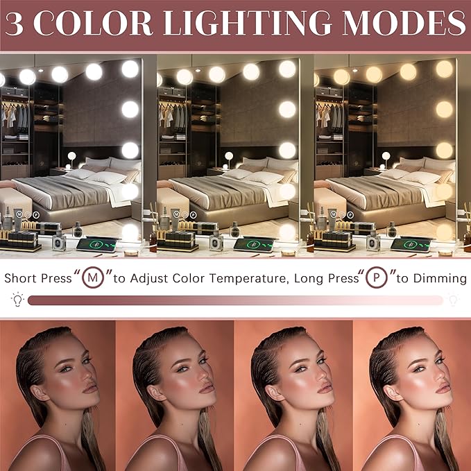 32"x24" Hollywood Vanity Mirror with Lights, 18 Dimmable LED Bulbs, 3 Color Modes, 10X Magnification, USB Charging Port, Tabletop or Wall-Mounted