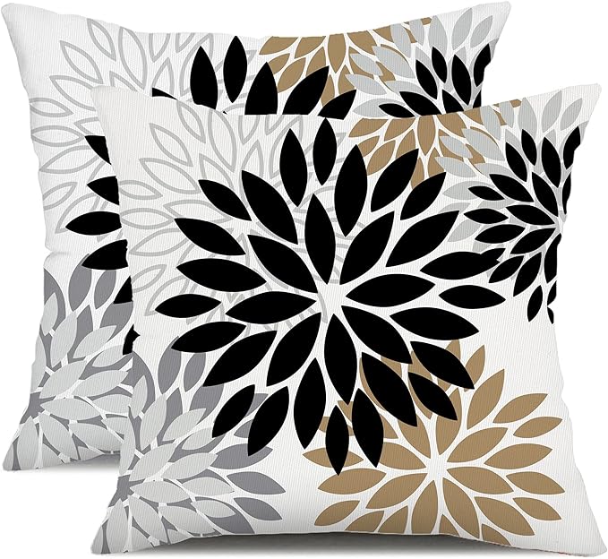 DFXSZ Black Brown Outdoor Pillow Covers 24x24 Inch Set of 2 White Gray Flower Throw Pillows Farmhouse Outdoor Modern Floral Polyester Square Cushion Case Decor for Patio Funiture Garden 002B24