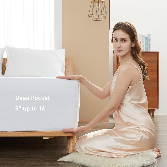 Sunflower King Fitted Sheet, 1-Piece Deep Pocket Fitted Bottom Sheet 16", 100% Cotton Sateen Soft Breathable, White
