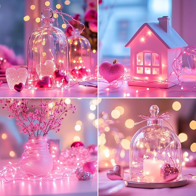 Minetom 12 Pack Pink Fairy Lights Battery Operated String Light with Timer - 7ft 20 LED Waterproof Silver Wire Firefly Light for DIY Crafts Wedding Table Centerpieces, Pink